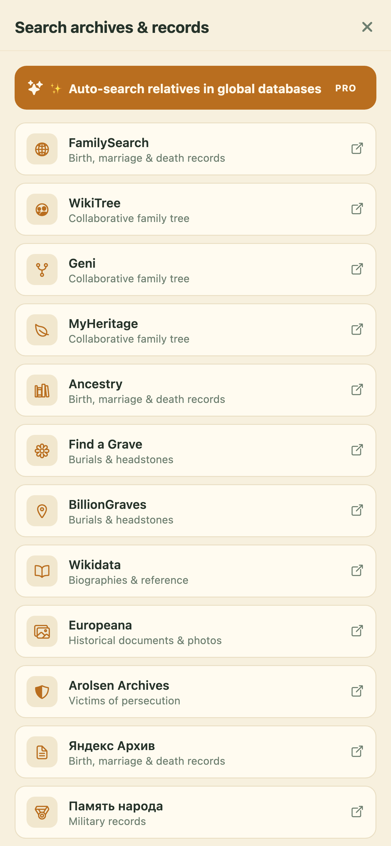 Archive search in KORA — FamilySearch, WikiTree, Geni, MyHeritage, Ancestry, Find a Grave and other genealogy databases, with AI auto-search for relatives