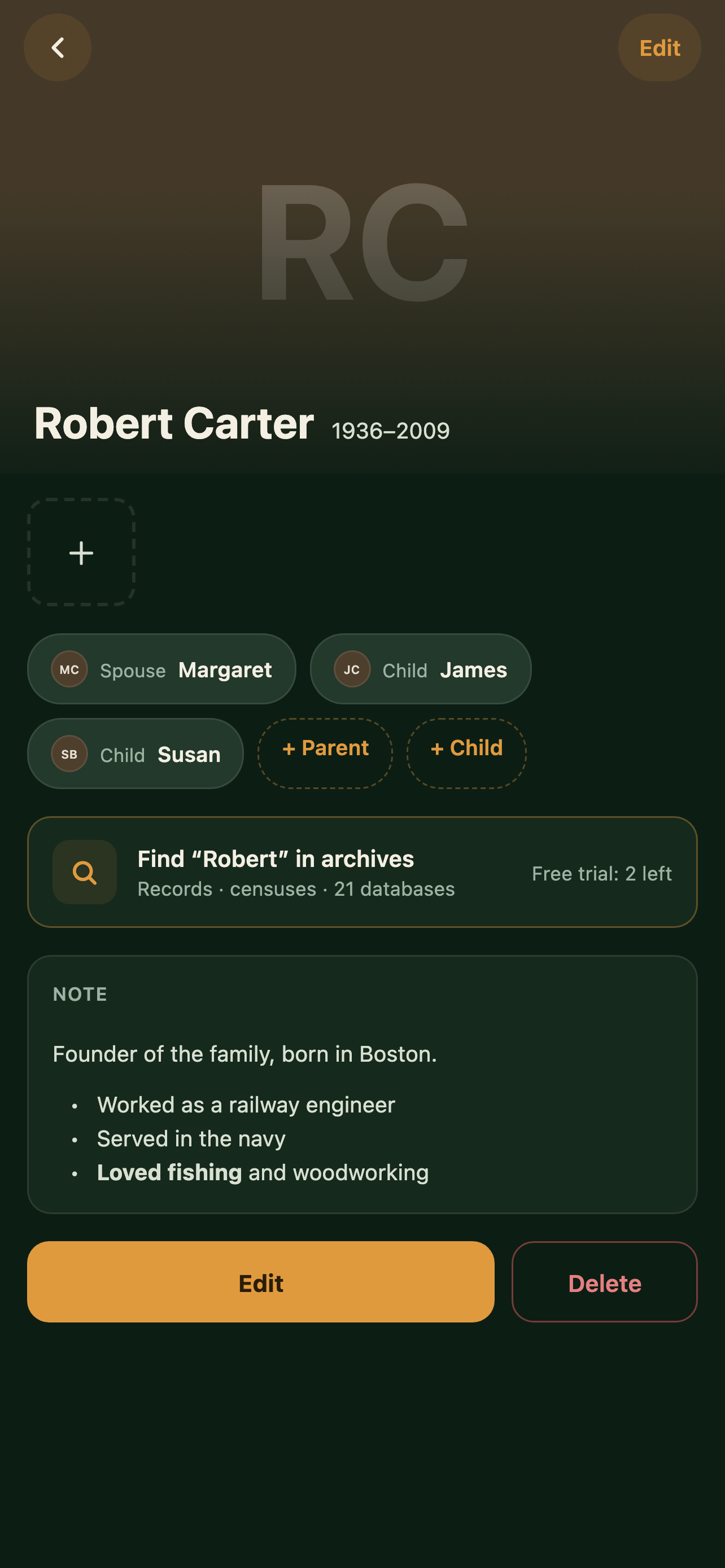 Ancestor profile card in KORA in dark mode — life dates, relatives, archive search and Markdown notes