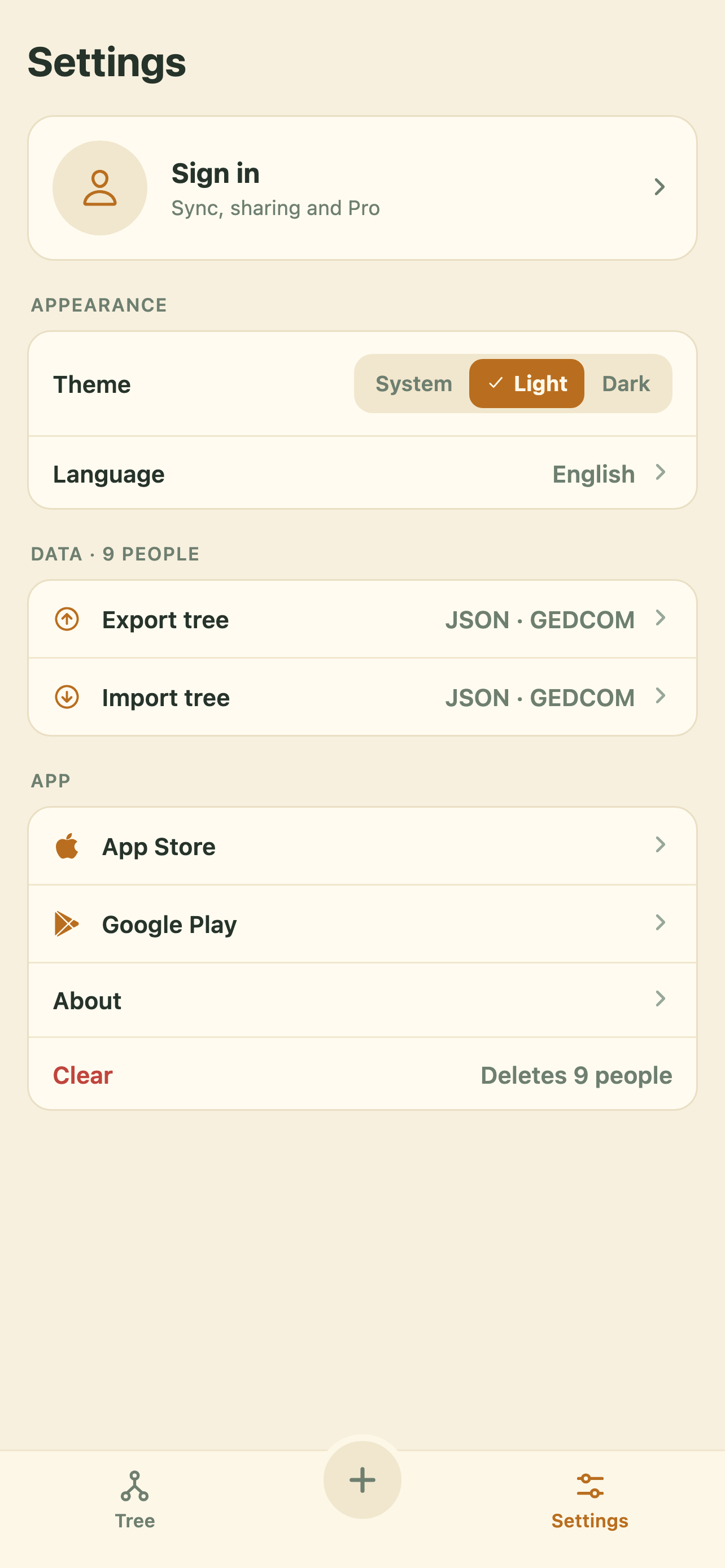 Genealogy app settings in KORA — theme, interface language, family tree import and export